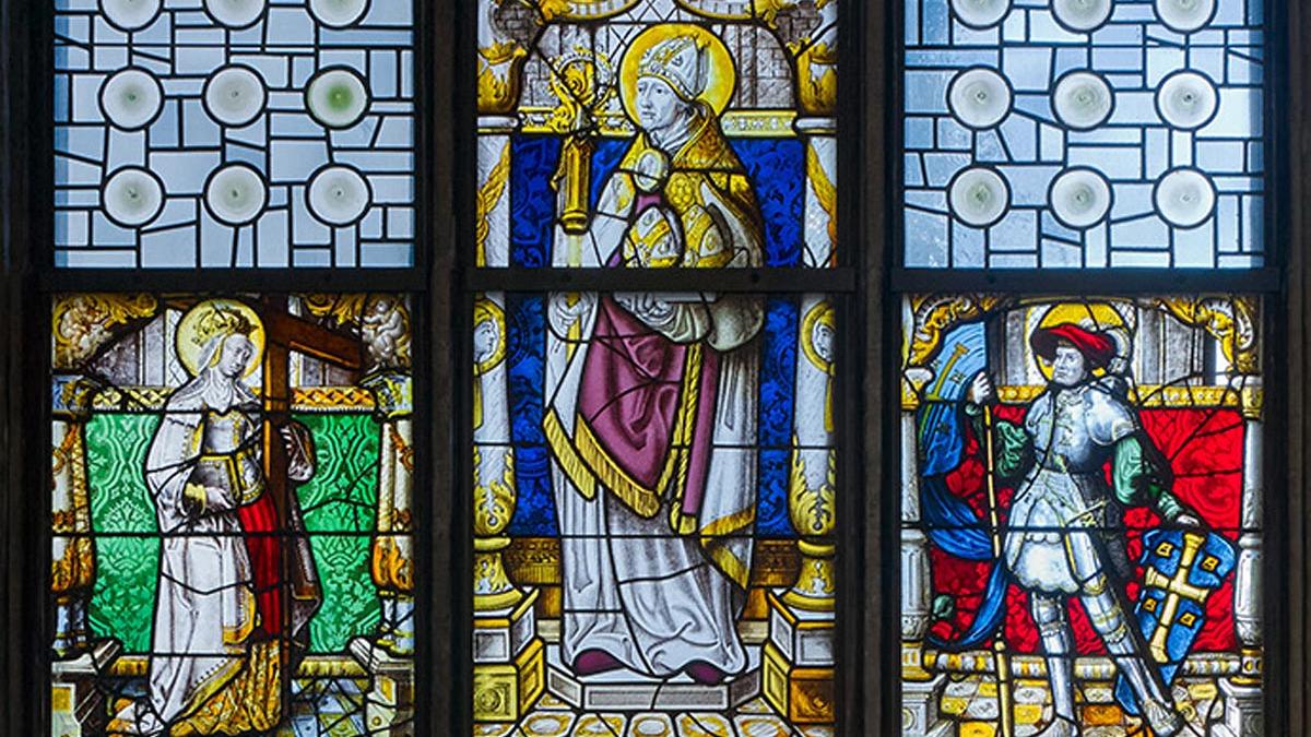 Kreuzigung Christi und Drei Heilige: Helena, Maternus und Albinus, Glasmalerei, 1520–1530